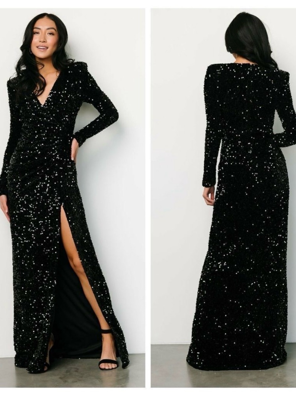 Baltic Born Black Sequin Madonna V‑Neck Long Sleeve Gown Black sz Large NWT
